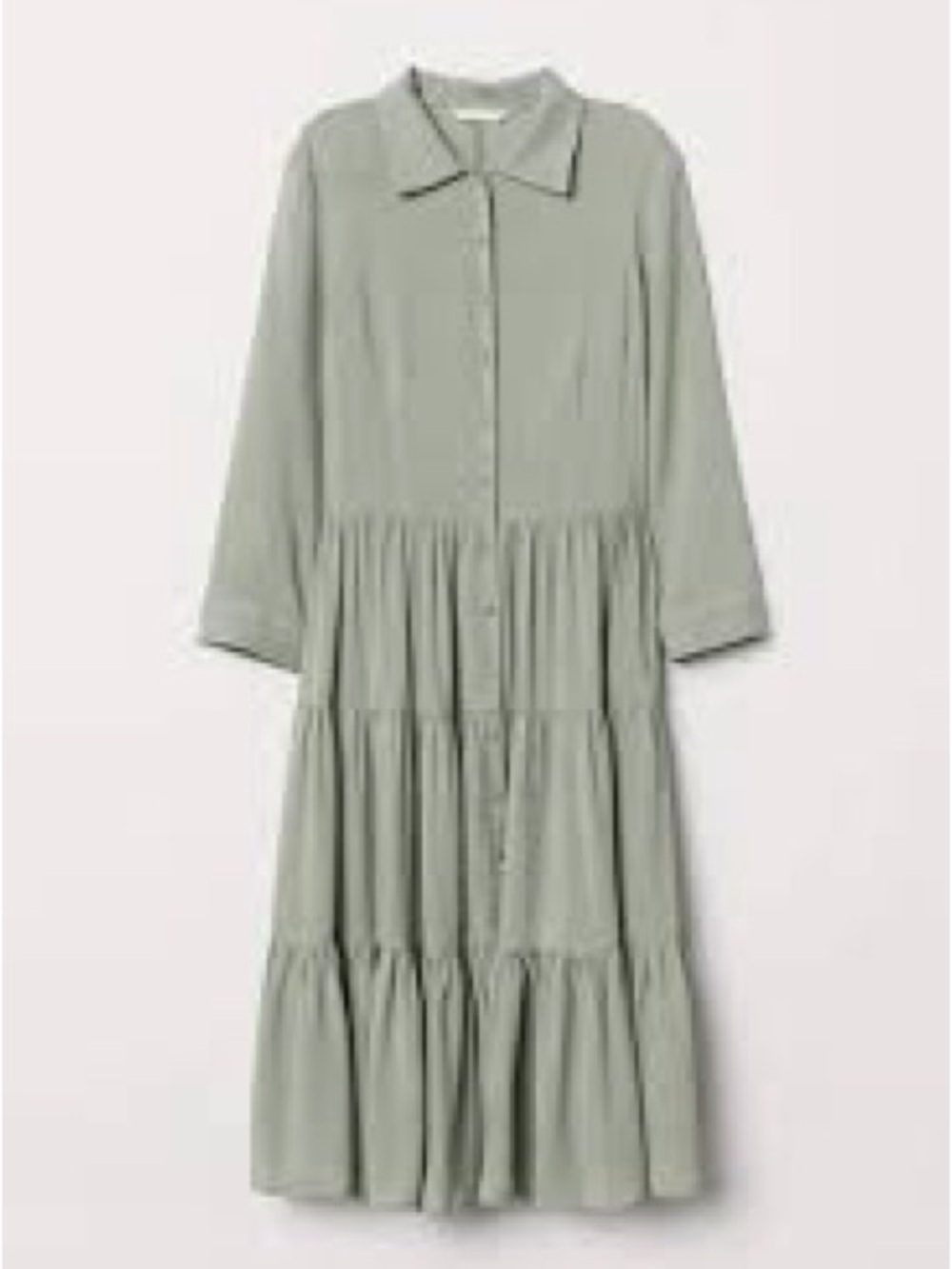 H&M Sage Green Button-Front Tiered Midi Dress